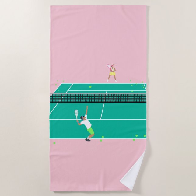 Modern Art Tennis Match Player Pink Green Beach Towel (Front)