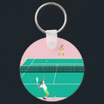Modern Art Tennis Match Player Pink Green   Key Ring<br><div class="desc">Modern tennis match illustration of a two tennis players on a pastel pink and green tennis court. Summer abstract classic preppy tennis illustration design. Modern trendy tennis gifts for him and her. Personalised Gift for a tennis player. Trendy tennis theme players home decor. Trendy modern tennis themed player gifts. Cool...</div>