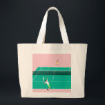 Modern Art Tennis Match Player Pink Green   Large Tote Bag<br><div class="desc">Modern tennis match illustration of a two tennis players on a pastel pink and green tennis court. Summer abstract classic preppy tennis illustration design. Modern trendy tennis gifts for him and her. Personalised Gift for a tennis player. Trendy tennis theme players home decor. Trendy modern tennis themed player gifts. Cool...</div>