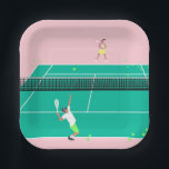 Modern Art Tennis Match Player Pink Green   Paper Plate<br><div class="desc">Modern tennis match illustration of a two tennis players on a pastel pink and green tennis court. Summer abstract classic preppy tennis illustration design. Modern trendy tennis gifts for him and her. Personalised Gift for a tennis player. Trendy tennis theme players home decor. Trendy modern tennis themed player gifts. Cool...</div>