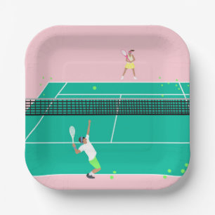 Modern Art Tennis Match Player Pink Green   Paper Plate