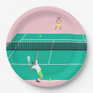 Modern Art Tennis Match Player Pink Green   Paper Plate