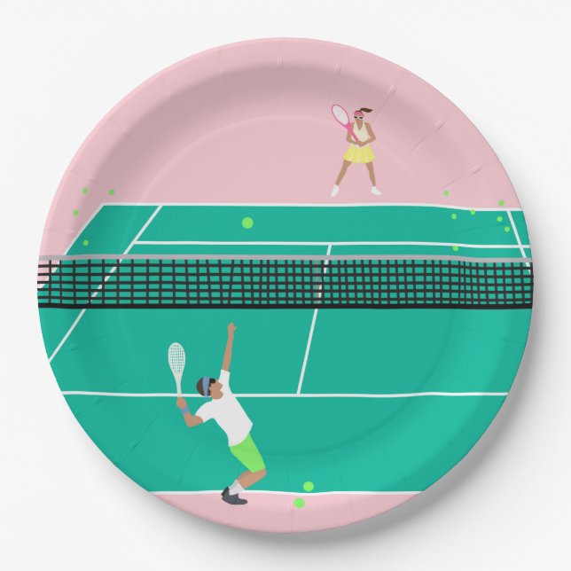 Modern Art Tennis Match Player Pink Green   Paper Plate (Front)