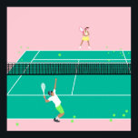 Modern Art Tennis Match Player Pink Green    Poster<br><div class="desc">Modern tennis match illustration of a two tennis players on a pastel pink and green tennis court. Summer abstract classic preppy tennis illustration design. Modern trendy tennis gifts for him and her. Personalised Gift for a tennis player. Trendy tennis theme players home decor. Trendy modern tennis themed player gifts. Cool...</div>
