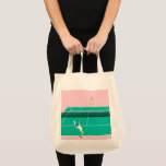 Modern Art Tennis Match Player Pink Green   Tote Bag<br><div class="desc">Modern tennis match illustration of a two tennis players on a pastel pink and green tennis court. Summer abstract classic preppy tennis illustration design. Modern trendy tennis gifts for him and her. Personalised Gift for a tennis player. Trendy tennis theme players home decor. Trendy modern tennis themed player gifts. Cool...</div>