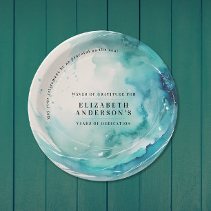 Modern Art Turquoise Blue Wave Ocean Watercolor Paper Plate