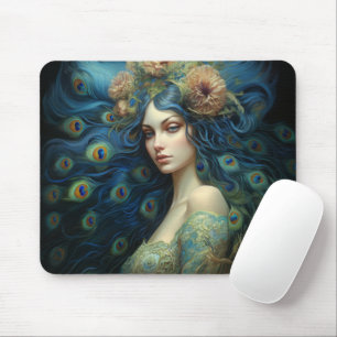 Modern Art with Woman and Peacock Feathers Mouse Mat