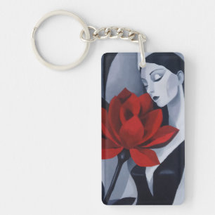 Modern Art Woman with Red Rose Acrylic Keychain