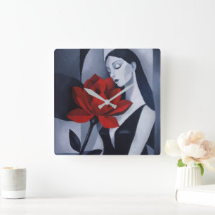 Modern Art Woman with Red Rose Acrylic Wall Clock