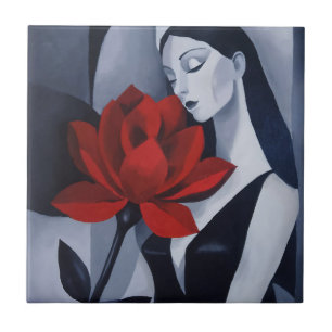 Modern Art Woman with Red Rose Ceramic Tile
