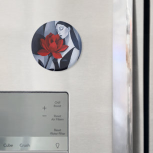 Modern Art Woman with Red Rose Circle Magnet