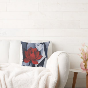 Modern Art Woman with Red Rose Decorative Throw Pi Cushion