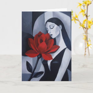 Modern Art Woman with Red Rose Folded Greeting Car Card