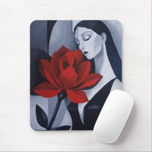 Modern Art Woman with Red Rose Mouse Mat