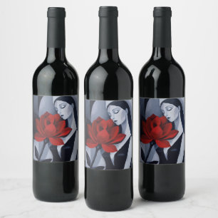 Modern Art Woman with Red Rose Wine Bottle Label