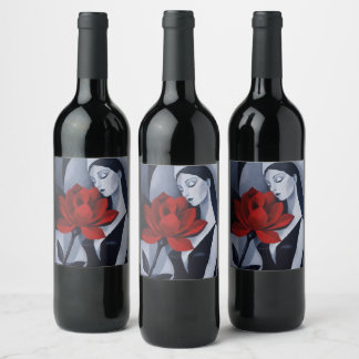 Modern Art Woman with Red Rose Wine Bottle Label