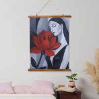 Modern Art Woman with Red Rose Wood Topped Tapestr