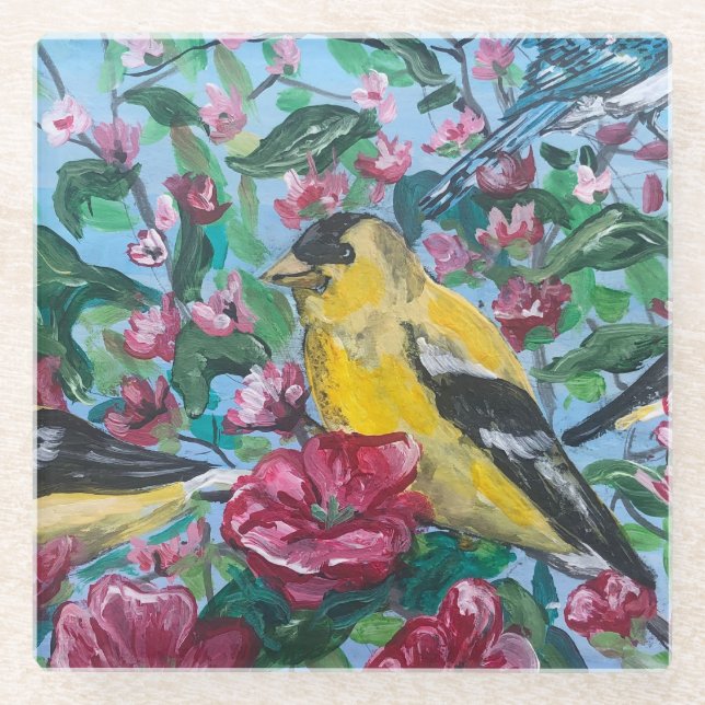 Modern Art YELLOW Finch Red Floral Glass Coaster (Front)