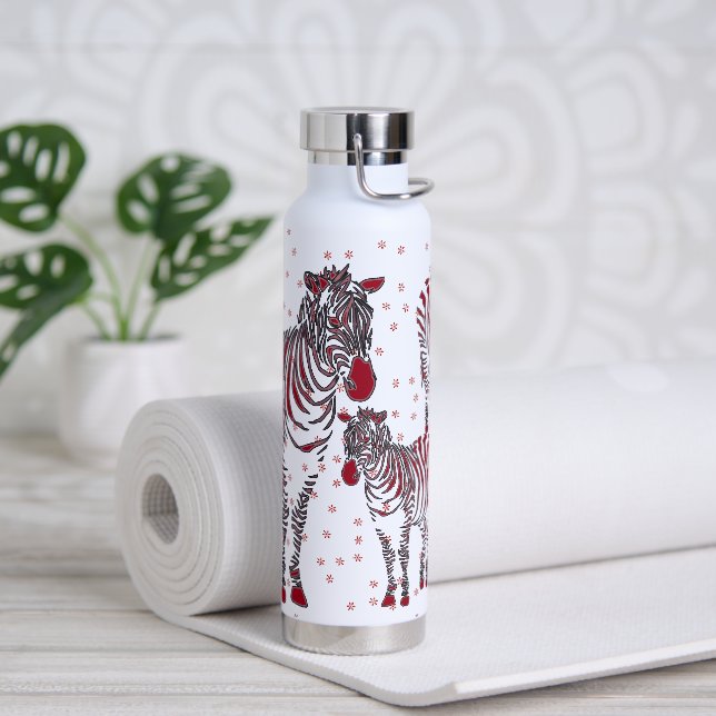 Modern Art Zebras Mother Babies Red Snowflakes Water Bottle (Yoga)