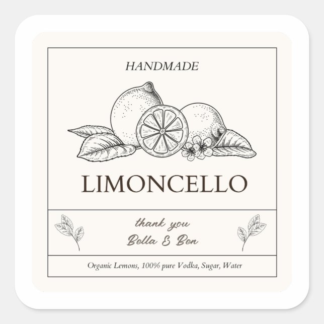 Modern Artisan Lemon Wedding Limoncello Bottle  Square Sticker (Front)