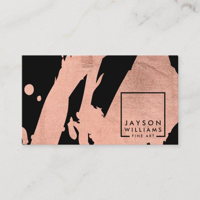 Modern Artist Abstract Rose Gold/Black Brushstroke Business Card (Front)