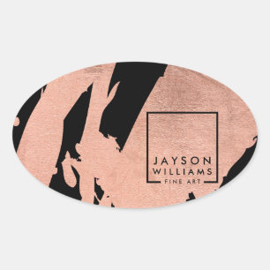 Modern Artist Abstract Rose Gold/Black Brushstroke Oval Sticker