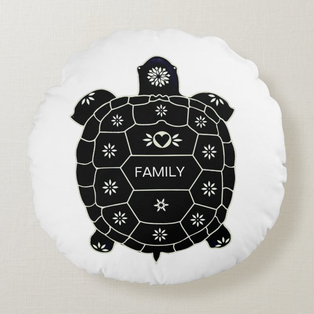 Modern Artistic Black Tortoise on White Round Cushion (Front)