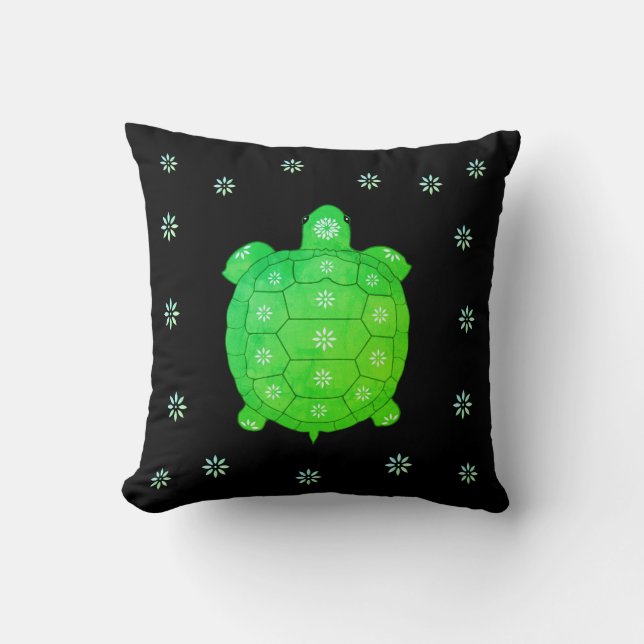 Modern Artistic Green Tortoise & Flowers on Black Cushion (Front)