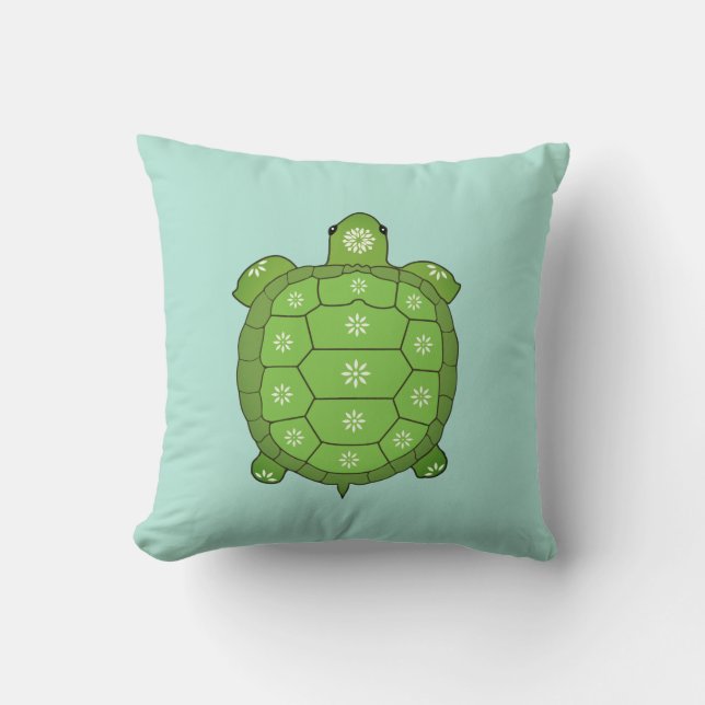 Modern Artistic Green Tortoise on Light Teal Cushion (Front)