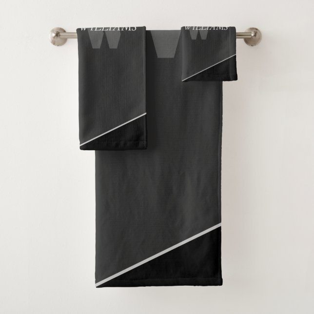 Modern Artistic Grey Black Monogram Bath Towel Set (Insitu)