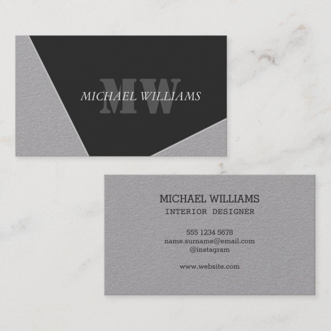 Modern Artistic Grey Black Monogram Business Card (Front/Back)