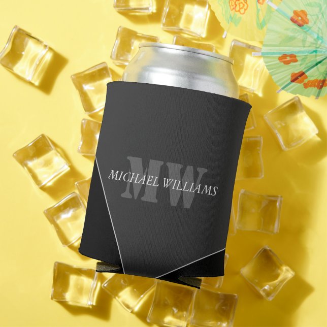 Modern Artistic Grey Black Monogram Can Cooler (In Situ Summer)