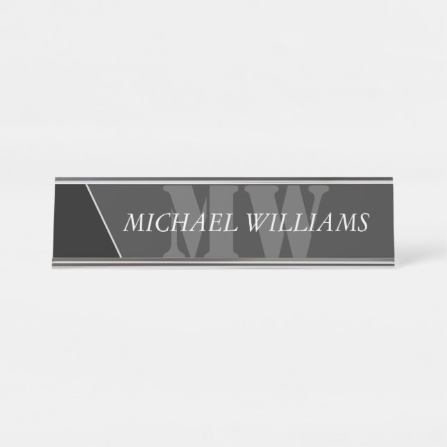 Modern Artistic Grey Black Monogram Desk Name Plate (Front)