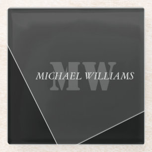 Modern Artistic Grey Black Monogram Glass Coaster