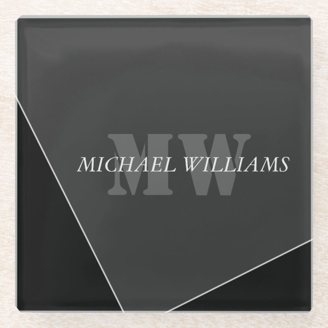 Modern Artistic Grey Black Monogram Glass Coaster (Front)