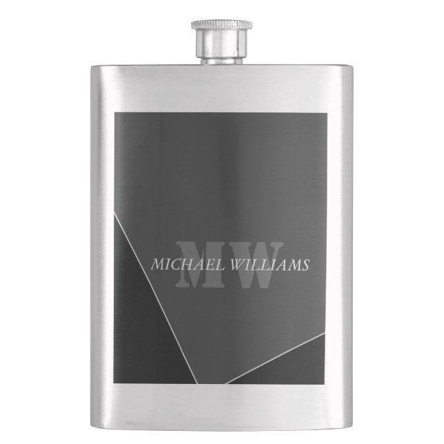 Modern Artistic Grey Black Monogram Hip Flask (Front)