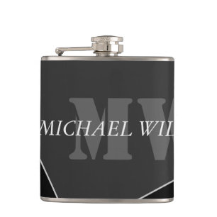 Modern Artistic Grey Black Monogram Hip Flask