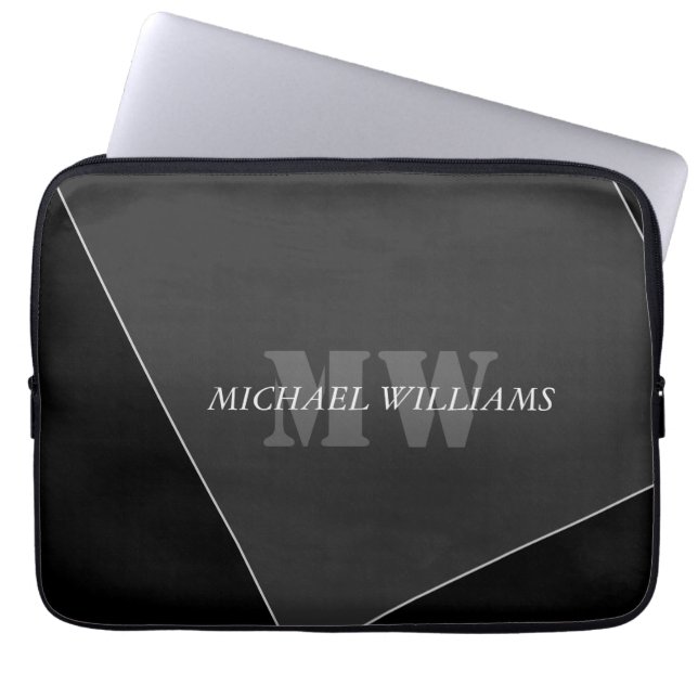 Modern Artistic Grey Black Monogram Laptop Sleeve (Front)