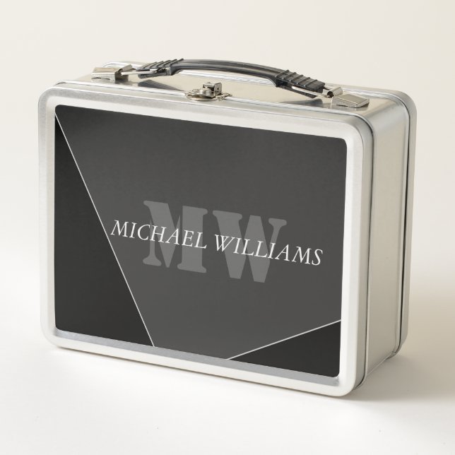 Modern Artistic Grey Black Monogram Metal Lunch Box (Front)