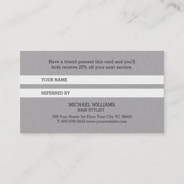 Modern Artistic Grey Black Monogram Referral Card (Back)