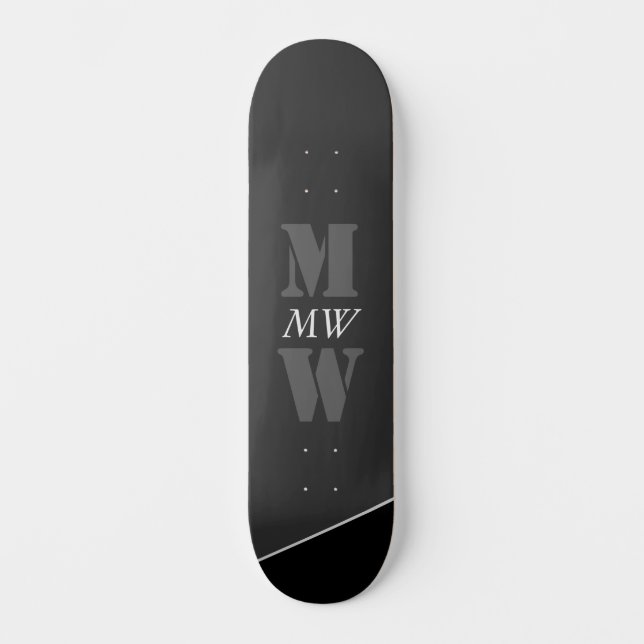 Modern Artistic Grey Black Monogram Skateboard (Front)