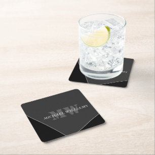 Modern Artistic Grey Black Monogram Square Paper Coaster