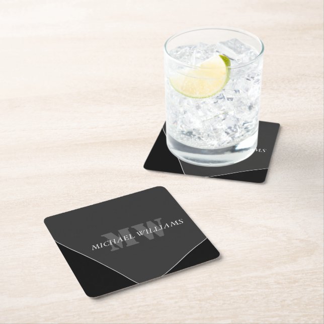 Modern Artistic Grey Black Monogram Square Paper Coaster (Insitu)