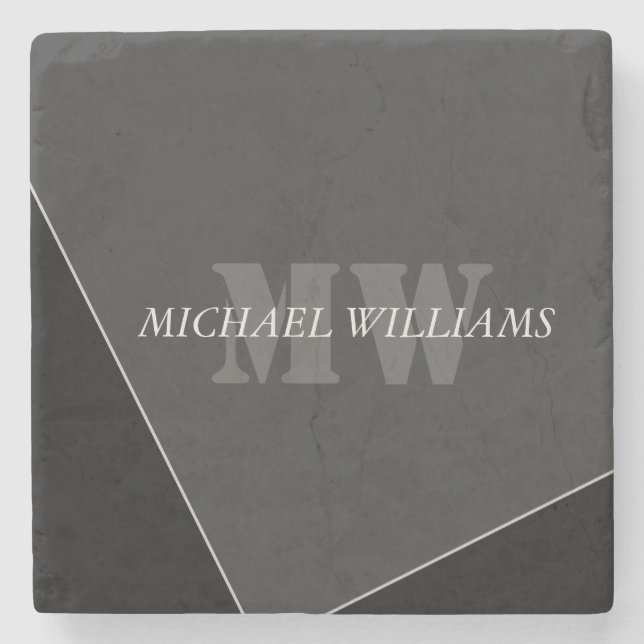 Modern Artistic Grey Black Monogram Stone Coaster (Front)