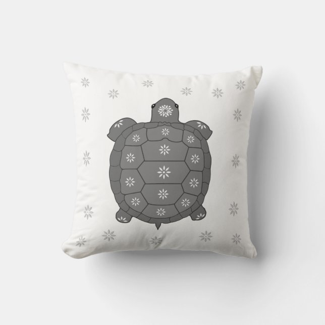 Modern Artistic Grey Tortoise & Flowers on White Cushion (Front)