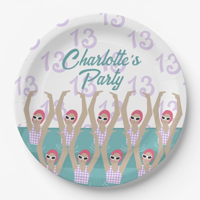 Modern Artistic Swimmers 13th Birthday Party Paper Plate (Front)