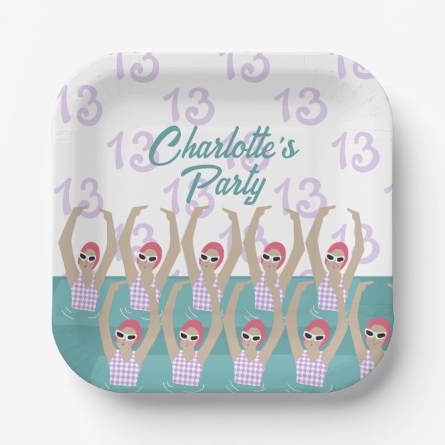 Modern Artistic Swimmers Girl Birthday Party Paper Plate (Front)