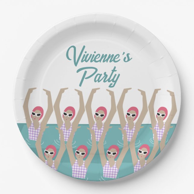 Modern Artistic Swimmers Swimming Birthday Party Paper Plate (Front)