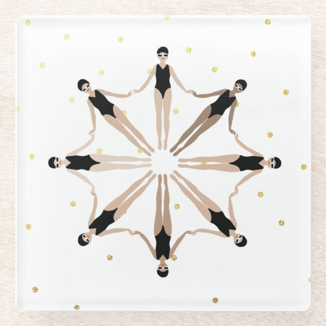 Modern Artistic Synchronised Swimmers Gold Dots Glass Coaster (Front)
