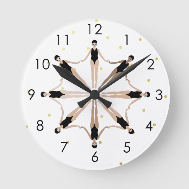 Modern Artistic Synchronised Swimmers Gold Dots  Round Clock (Front)